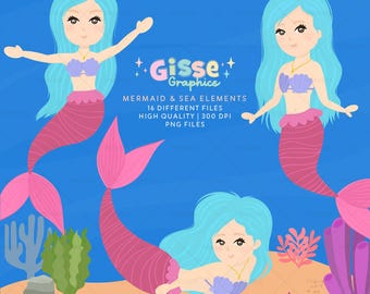 Mermaid & Sea Elements | 16 Different Files | High Quality | 300 DPI | Mermaid clipart Mermaid