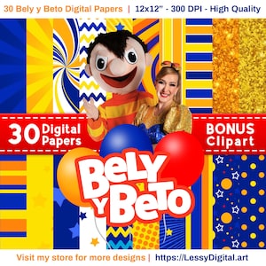 Könnte beinhalten: Digitales Papierpaket mit den Charakteren von Bely y Beto. Das Bild enthält den Text "30 Digital Papers" und "Bonus Clipart". Das Design beinhaltet blaue, gelbe und orangefarbene Farben mit Stern- und Wirbelmustern. Das Bild enthält auch den Text "Visit my store for more designs | https://LessyDigital.art".