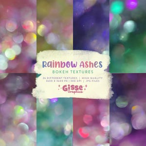 Puede incluir: Un conjunto de 26 fondos digitales con texturas de bokeh arcoíris. Las texturas son de 3600 x 3600 píxeles y 300 DPI. El texto "Rainbow Ashes Bokeh Textures" se muestra en un fondo blanco con un efecto de acuarela.