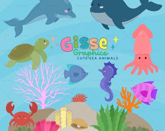 Cute sea animals | 26 Different Files | High Quality | 300 DPI | Sea plants and corals