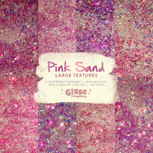 Puede incluir: Un conjunto de 17 texturas digitales con arena rosa brillante. Las texturas son de alta calidad, 3600 x 3600 píxeles y 300 DPI. El texto "Pink Sand Large Textures" se muestra sobre un fondo blanco.