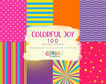 100 Colorful Digital Papers | High Quality | 12 x 12" | Rainbow Digital Papers