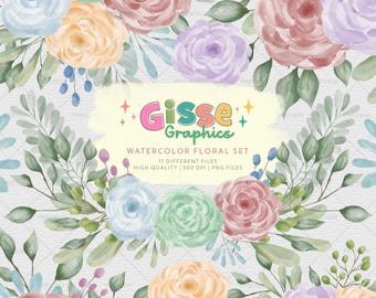 Watercolor Floral Set | 17 Different Files | High Quality | 300 DPI | Watercolor Pastel Roses