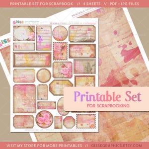 Puede incluir: Conjunto imprimible de etiquetas y pegatinas de estilo vintage para scrapbooking. Las etiquetas presentan un esquema de color rosa y marrón con diseños florales y texturas desgastadas. El texto "Printable Set for Scrapbooking" es visible en la imagen.