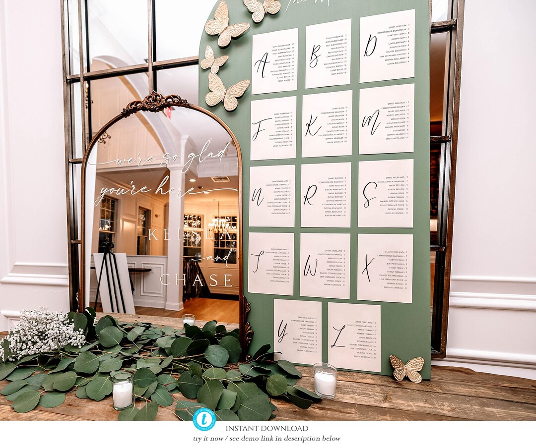 8x10 Alphabetical Seating Chart Template, Seating Cards, Elegant