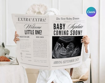 Canva newspaper pregnancy announcement, Large newspaper baby announcement, Newspaper baby shower, Baby is coming printable template