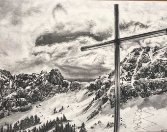 Tirage d’art d’un dessin fait main aux crayons graphites et fusains- montagne