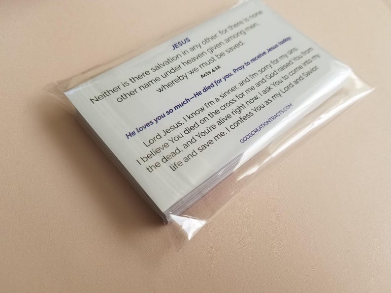 Jesus gospel tracts — Acts 4:12 Christian scripture cards with salvation prayer; sealed 25-pack showing back text in clear resealable cellophane bag on neutral background; 25–250 options.