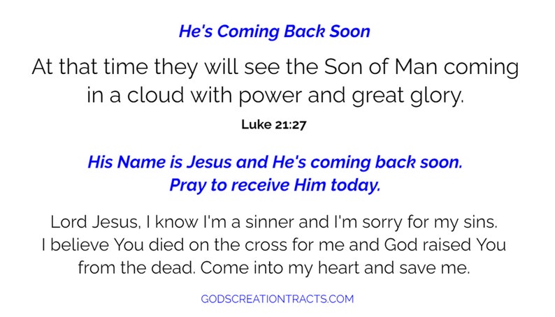 He’s Coming Back Soon Gospel Tracts Luke 21 27 • 25 Pack Pocket ...