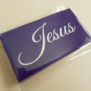 Jesus gospel tracts — Acts 4:12 Christian scripture cards with salvation prayer; sealed 25-pack in clear resealable cellophane bag, purple “Jesus” front visible; 25–250 options.