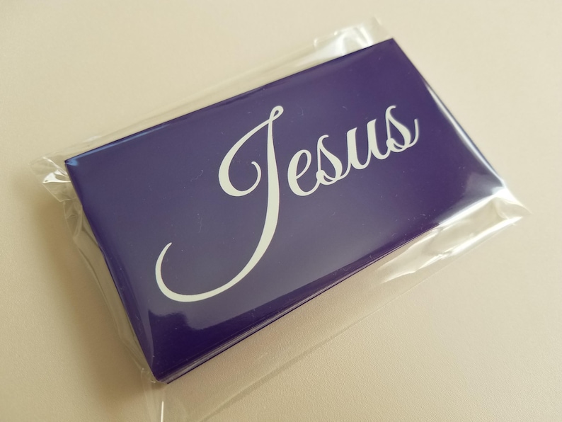 Jesus gospel tracts — Acts 4:12 Christian scripture cards with salvation prayer; sealed 25-pack in clear resealable cellophane bag, purple “Jesus” front visible; 25–250 options.