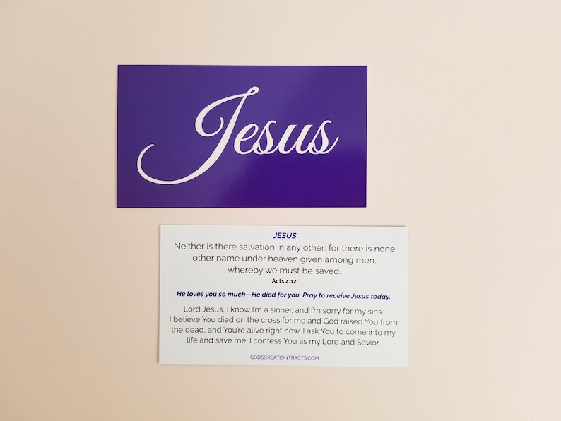 Jesus gospel tract / salvation prayer business card – Acts 4:12; purple “Jesus” front with back verse and prayer shown; Christian evangelism scripture card by God’s Creation Tracts