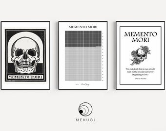 May include: Three black and white prints with the text "Memento Mori" and different designs. The first print features a skull, the second print features a grid pattern, and the third print features a skull with roses and a quote by Marcus Aurelius.