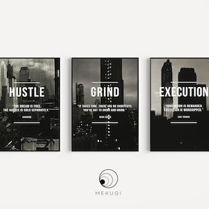3 Piece Motivational Wall Digital Prints | Office Decor Hustle Grind Execution Definitions Modern Art 3x | Hustle Verb | Grind Art Print Set