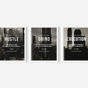 3 Piece Motivational Wall Art Digital Prints | Office Decor Hustle Grind Execution Modern Art 3x | Hustle Verb | Grind Definitions Art Print
