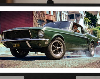 Bullitt Movie Poster, 68 Ford Mustang GT, Steve McQueen, Car Decor, 12x16in