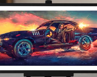 John Wick Barracuda Car Movie Poster, Keanu Reeves, 22x11in