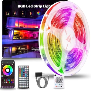 May include: RGB LED strip light on a white spool, showing a range of colours. Includes a smartphone with a colour wheel interface, a remote control, a power adapter, and a control box. The packaging has the text "RGB Led Strip Ligh".