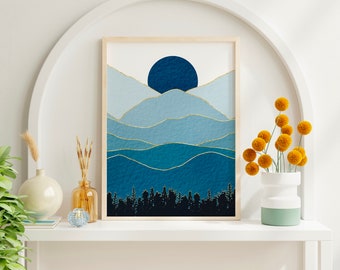 Abstract Mountains Moon Watercolor Art Print, Modern Wall Decor (PDF)