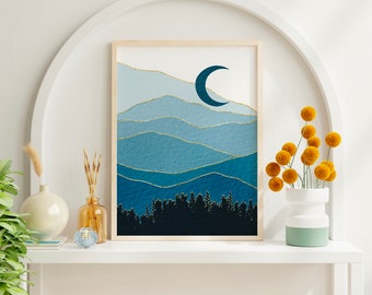 Blue Mountains Moon Art Print, Abstract Watercolor Home Decor (Digital Download)