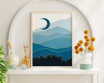 Abstract Mountains & Half Moon Wall Art, Blue Mountains Art Print Set, Watercolor Art Prints, Modern Home Decor, Printable Wall Art