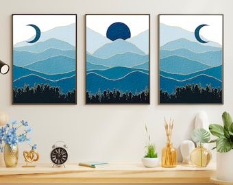 Blue Mountains Art Print Set of 3, Abstract Watercolor (PDF)