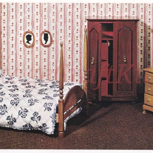 Dollhouse miniature bedroom furniture with dresser, armoire, and poster bed patterns for download