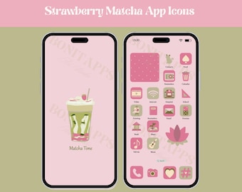 Strawberry Matcha iPhone App Icons, Pink Green Coquette iOS Theme (Digital Download)