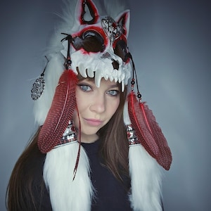 White and Red Faux Fur Wolf Mask Headdress
