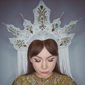 Royal White and Gold Kokoshnik Headpiece with White Fringe