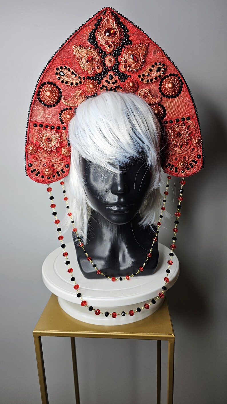 Scarlet Red Kokoshnik Crown With Black Pearls and Beads Etsy UK