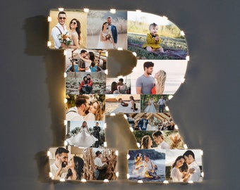 Customized Letter R Picture Collage Gift for Christmas, Letter R Wood Photo Frame for Valentine Day Gift, Personalized Special Gift for Love