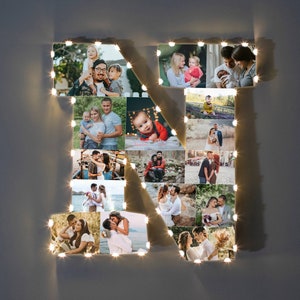 Regalo de Navidad personalizado con foto de apellido para parejas, regalo de collage de imagen de letra para familia, lámpara de marco de foto de madera con letra N para pared
