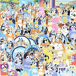 May include: A colourful set of Bluey character stickers featuring various poses and expressions. The stickers include the text "Happy Birthday" and "For Real Life!"