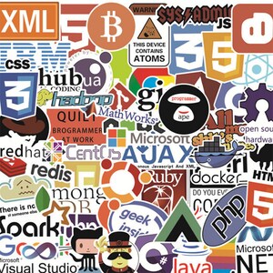 May include: A colourful collection of stickers featuring logos and text related to programming languages, software, and technology.  The stickers include logos for popular languages like Java, Python, C++, and Ruby, as well as logos for operating systems like Linux, Windows, and macOS.  The stickers also feature text such as "programmer", "sysadmin", "open source", and "geek inside".