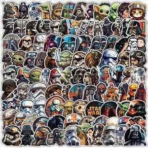May include: A large collection of colourful Star Wars character stickers. The stickers feature characters like Darth Vader, Yoda, Chewbacca, and Stormtroopers. There are also stickers of various spaceships and other Star Wars imagery.