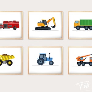 Kids Gallery Wall Set of 6 Vehicle Prints and Construction Wall Art Nursery Truck Prints, Transportation Print Nursery Truck Wall Art Kids
