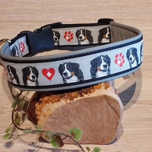 Könnte beinhalten: Hundehalsband mit hellgrauem Hintergrund, auf dem Portraits von Berner Sennenhunden, rote Pfotenabdrücke und ein rotes Herz mit weißem Kreuz abgebildet sind. Das Halsband hat eine schwarze Schnalle und einen silbernen Metallring.