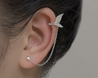 beddengoed passen Los Tiny Fish Tail Silver Ear Cuff Chain Earrings Mermaid Ear - Etsy