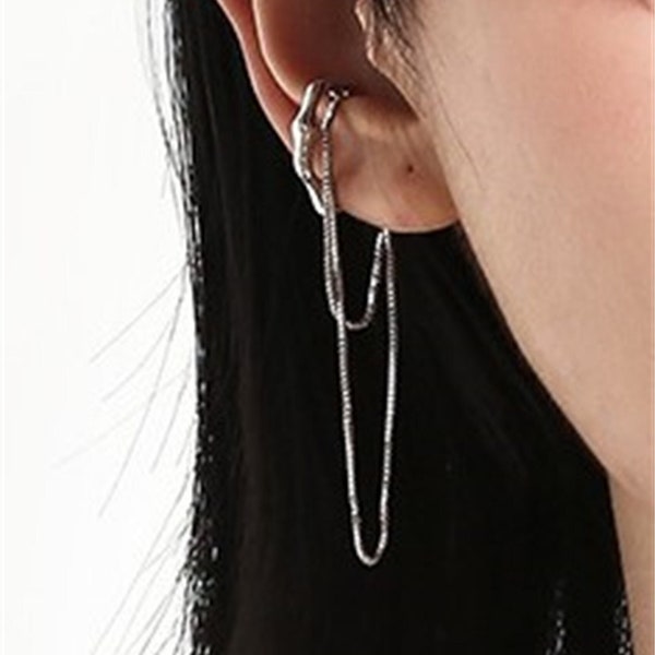 Long Chain Silver Ear Cuff, Hoop Earrings with Long Chain Ear Cuff, Ear Cuff No Piercing, Ear Crawler Earrings, Punk Tassel Earrings