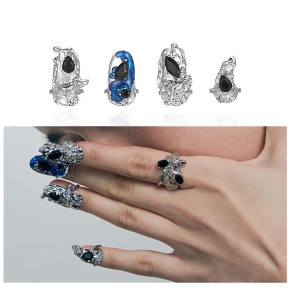 Blue Fire Nail Ring, Fingertip Ring, Nail Art, Adjustable Ring, Knuckle Ring, Fake Nails, Nail Guard, Midi Ring, Finger Claw, Y2K