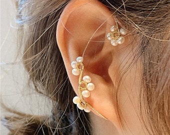 Bijou d'oreille avec boules de perles d'eau douce, Contour d'oreille complet plaqué or 14 carats, Tour d'oreille sans piercing, Boucles d'oreilles sur chenilles, Contour d'oreille délicat