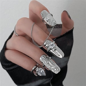 4pcs Silver Nail Ring Set, Fingertip Ring, Nail Art, Open Adjustable Ring, Knuckle Ring, Fake Nails, Nail Guard, Midi Ring Set, Chain Ring