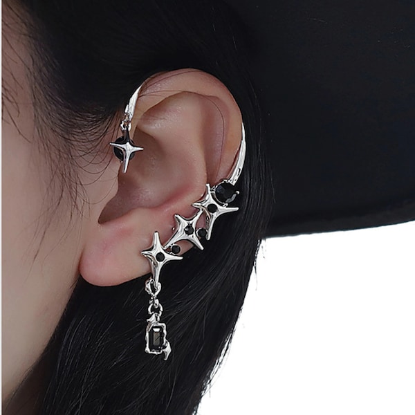 Silver Star With Black Stone No Piercing Ear Cuff Earrings, All Around Ear, Jewelry For Party, Ear Wrap, Ear Cuff No Piercing, Ear Climber