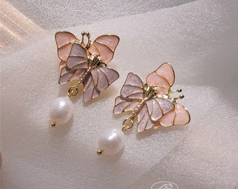 Perle d’eau douce avec boucles d’oreilles pendantes pourpre papillon, épingle en argent 925 plaqué or 14K, boucles d’oreilles de mariage