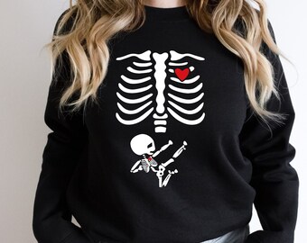 HORNS UP Funny Skeleton Baby Maternity Xray T-shirt Thumbs Up Long Sleeve Tee 