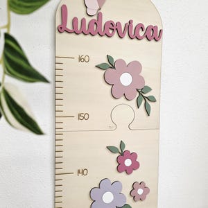 Può includere: Grafico di crescita in legno con il nome "Ludovica" in corsivo rosa, una farfalla e decorazioni floreali. Il grafico presenta misure in centimetri, con fiori rosa, viola e bianchi. Un elemento decorativo per la cameretta di un bambino.