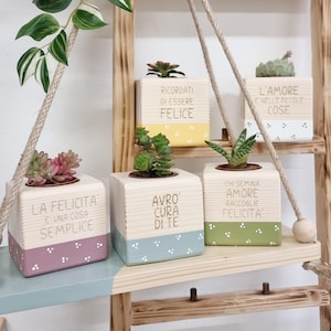 Cubotti fioriti, piantina grassa, vasetto in legno, bomboniera, battesimo, matrimonio, prima comunione, legno, personalizzazione, regalo