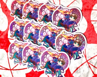 No More Heroes 3 NMH3 Holographic Big Glitter Vinyl Sticker UV Resistant Weatherproof Dishwasher-safe Chibi FU and Damon