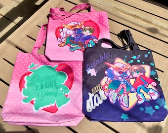 No More Heroes 3 NMH3 Tote Bags: "Damon, I Love You!" Chibi FU and Damon (Design A/Pink) OR "Little Star" Chibi Kids (Design B/Blue)